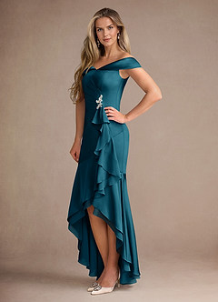 Azazie Billings Mother of the Bride Dresses Ink Blue Mermaid Off the Shoulder Stretch Satin Dress image2