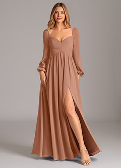 Azazie Alia Brautjungfernkleider A-Linie Langarm Chiffon Kleid Bronzer image1