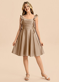 Azazie Kira Junior Vestido de Gris Pardo de Satén Elástico de Corte en A con Volante image6