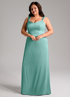 Azazie Denice Bridesmaid Dresses Aqua Sheath Pleated Stretch Satin Dress image6