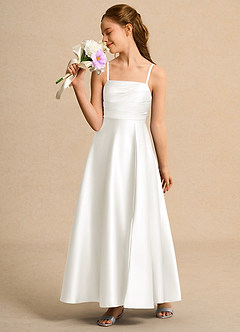 Azazie Pebbles Girl Jurken voor bloemenmeisjes A-Lijn Jurk van Mat Satijn Geplooid Ivoor image5