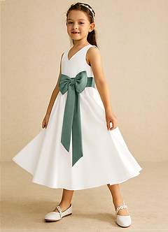 Azazie Darling Flower Girl Dresses Ivory Eucalyptus A-Line Bow Cotton Dress image3