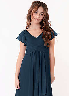 Azazie Omari Junior Dark Navy A-Line Ruched Chiffon Dress image4