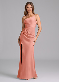 Azazie Eren Bridesmaid Dresses Coral Mermaid One Shoulder Stretch Satin Dress image5