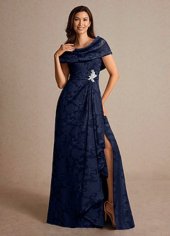 Azazie Branford Mother of the Bride Dresses Dark Navy A-Line Pleated Floral Burnout Dress image5