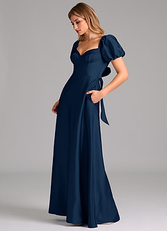 Azazie Fatima Bridesmaid Dresses Dark Navy A-Line Pleated Stretch Satin Dress image5