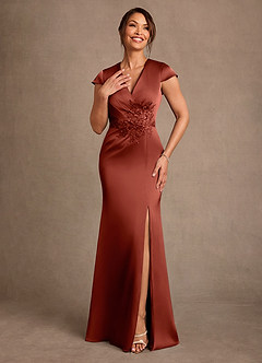 Azazie Rilda 신부의 어머니 드레스 쉬스 레이스 스트레치 새틴 플로어 길이 드레스 image4