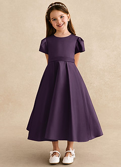 Azazie Princess vestidos de niña de las flores Vestido de Ciruela de Satin Mate de Corte En A con Plisado image6