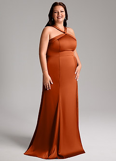 Azazie Rue Bridesmaid Dresses Burnt Orange A-Line Pleated Stretch Satin Dress image12