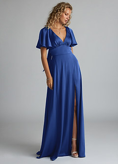 Azazie Kimber Brautjungfernkleider A-Linie Gestreift Stretch-Satin Kleid Königsblau image4