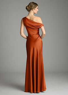 Azazie Emerson Bridesmaid Dresses Burnt Orange Mermaid Off the Shoulder Stretch Satin Dress image2
