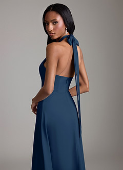 Azazie Tracie Bridesmaid Dresses Dark Navy A-Line Side Slit Stretch Satin Dress image6
