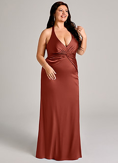 Azazie Valerie Bridesmaid Dresses Terracotta Mermaid Pleated Stretch Satin Dress image4