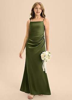 Azazie Renna Junior Olive A-Line Pleated Stretch Satin Dress image5