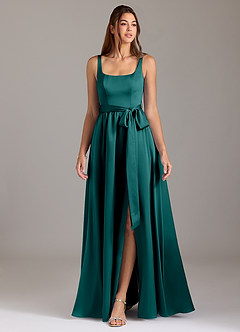 Azazie Elliott Bridesmaid Dresses Peacock A-Line with Pockets Stretch Satin Dress image3