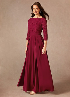 Azazie Lucianna At-home Try On Dresses Burgundy A-Line Lace Dress image6