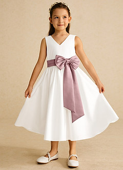 Azazie Darling Flower Girl Dresses Ivory Dusty Rose A-Line Bow Cotton Dress image2