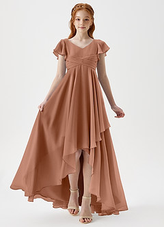 Azazie Caria Junior Robe Trapèze en Mousseline de soie Plissée Bronze image6