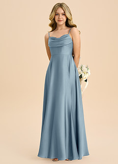 Azazie Bear Junior A라인 스윗하트 네크라인 스트레치 새틴 플로어 길이 주니어 신부 들러리 드레스 image6