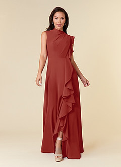Azazie Narine Mother of the Bride Dresses Terracotta A-Line High Neckline Pleated Chiffon Dress image3