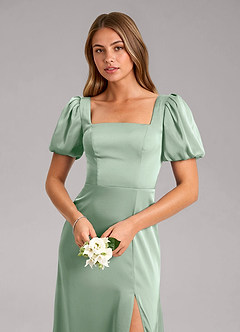 Azazie Fyona Bridesmaid Dresses Agave A-Line Pleated Stretch Satin Dress image6