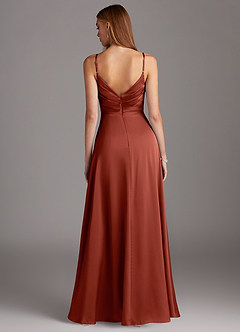 Azazie Calissa Final Sale Terracotta A-Line V-Neck Pleated Stretch Satin Dress image2