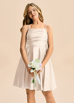 Azazie Miko Junior White Alabaster A-Line Pleated Stretch Satin Dress image6