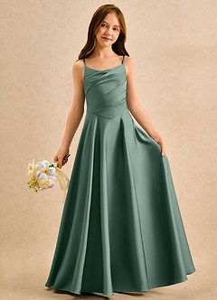 Azazie Coconut Girls Formal Flower Girl Dresses Eucalyptus A-Line Pleated Stretch Satin Dress image3