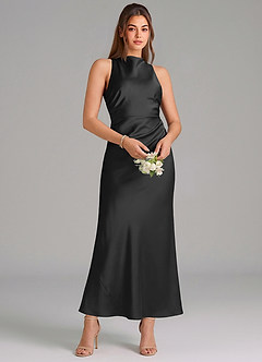 Azazie Evadne Vestidos de damas de honor Vestido de Negro de Satén Elástico de Corte Recto con Plisado image3