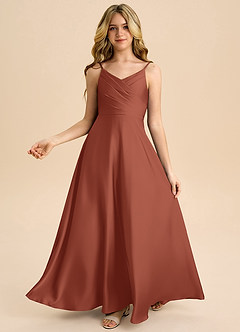 Azazie Bug Junior Robe Trapèze en Satin extensible Plissée Auburn image2