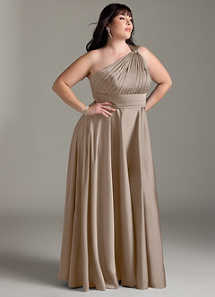Azazie Charlize Jurken voor bruidsmeisjes Jurk van Stretch Satijn met A-lijn One-shoulder Taupe image12