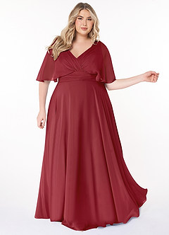 Azazie Pamela Brautjungfernkleider A-Linie V-Hals Gefaltet Chiffon Kleid Granatapfelrot image8