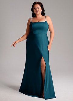 Azazie Lidia Bridesmaid Dresses Ink Blue Mermaid Side Slit Stretch Satin Dress image10