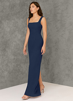 Azazie Flori Robes de demoiselle d'honneur Robe Fourreau en Mousseline de soie Col Carré Bleu Marine Foncé image4
