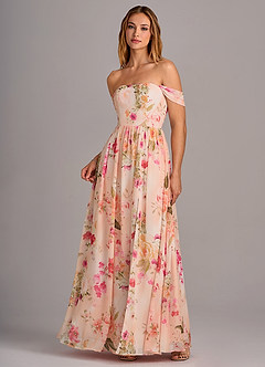 Azazie Calianna Bridesmaid Dresses Abstract Bouquet Floral A-Line Off the Shoulder Chiffon Convertible Dress image3