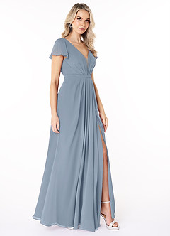 Azazie Reverie Bridesmaid Dresses Dusty Blue A-Line V-Neck Ruched Chiffon Dress image4