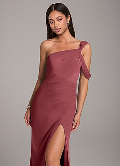 Azazie Wynter Bridesmaid Dresses Merlot Sheath Off the Shoulder Chiffon Dress image7