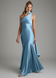 Azazie Amara Bridesmaid Dresses Steel Blue Mermaid One Shoulder Stretch Satin Dress image5