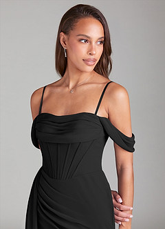 Azazie Amyra Bridesmaid Dresses Black Sheath Off the Shoulder Chiffon Convertible Dress image6