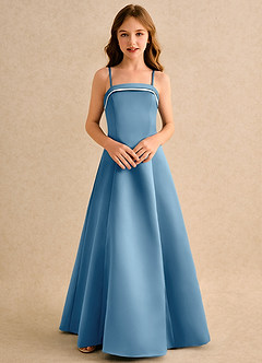 Azazie Izel Girls Formal Flower Girl Dresses Ivory Steel Blue A-Line Pleated Matte Satin Dress image6