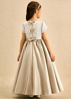 Azazie Cashew Flower Girl Dresses Champagne Ball-Gown with Sleeves Matte Satin Dress image1