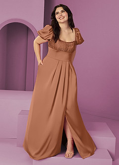 Barbie ♥ Azazie Final Sale Bronzer A-Line Ruched Stretch Satin Dress image7