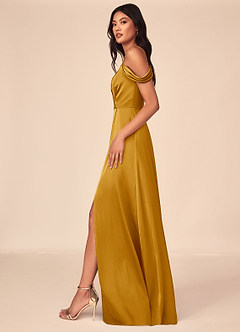 Azazie Ocean Bridesmaid Dresses Butterscotch A-Line V-Neck Pleated Stretch Satin Dress image3