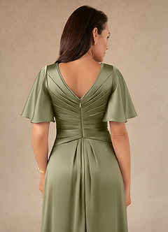 Azazie Emmeline Mother of the Bride Dresses Pistachio A-Line Pleated Stretch Satin Dress image4