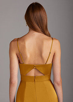 Azazie Shania Bridesmaid Dresses Butterscotch Sheath V-Neck Pleated Stretch Satin Dress image4