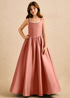 Azazie Enid Girls Formal Flower Girl Dresses Salmon Pink A-Line Beaded Stretch Satin Dress image4