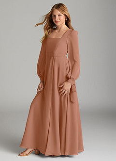 Azazie Leonia Junior A라인 포켓이 있는 쉬폰 플로어 길이 주니어 신부 들러리 드레스 image4