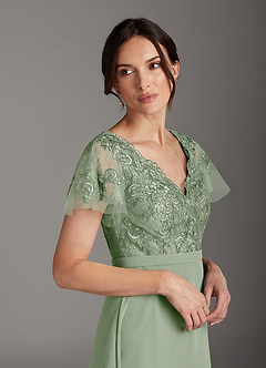 Azazie Singer Mother of the Bride Dresses Dusty Sage A-Line V-Neck Lace Chiffon Dress image5