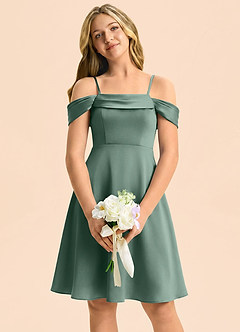 Azazie Anselie Junior Eucalyptus A-Line Off the Shoulder Stretch Satin Dress image3