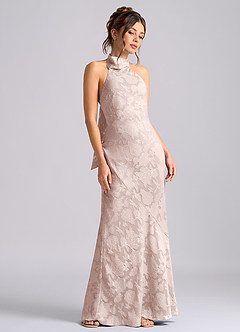 Azazie Velli Vestidos de damas de honor Vestido de Rosa Rubor de Devorado Floral de Corte Sirena con Cuello Alto image5